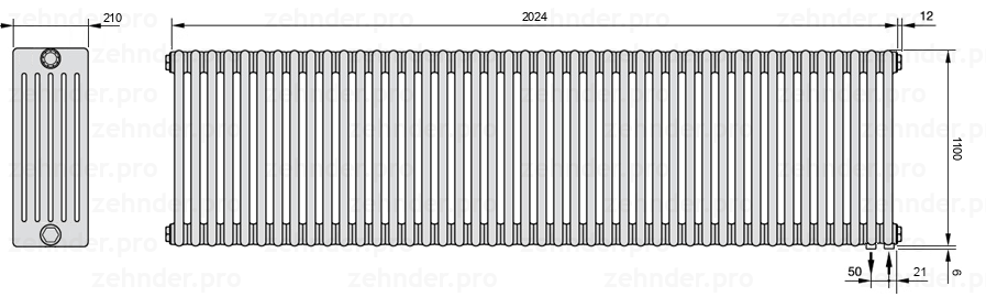 Схема (чертеж) Радиатор Zehnder Charleston 6110/44 №5510 Белый глянцевый RAL 9016